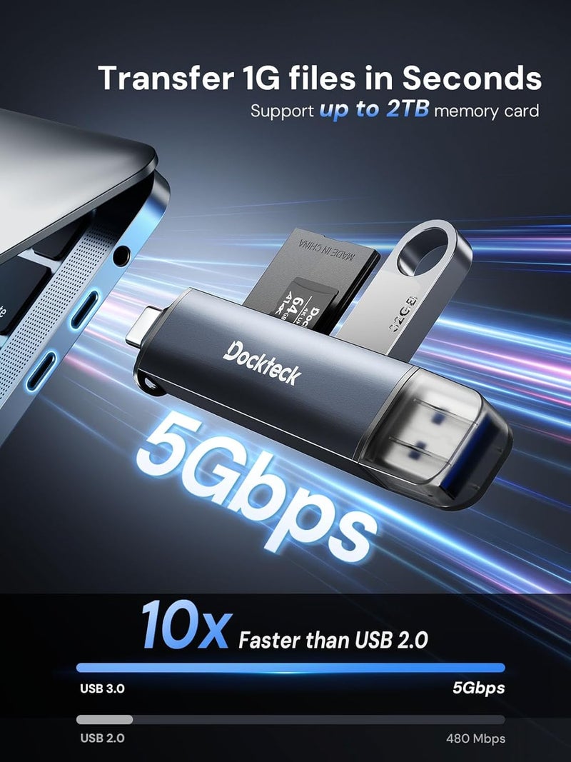 Dockteck SD Card Reader, 5G Super Speed USB3.0 SD/TF Card Reader, 3-Slot USB A/C to SD/Micro SD/USB A Memory Card Reader for UHS-I SD/Micro SD/SDHC/SDXC/MMC, Support OTG for Plug&Play - Image 2